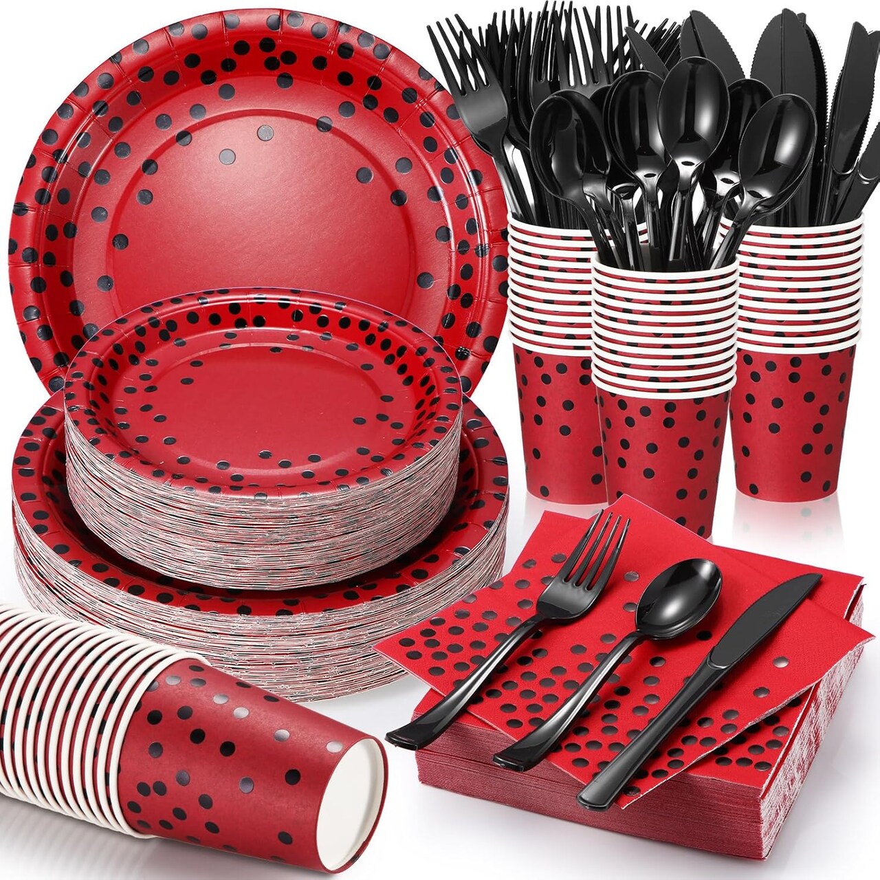 560 Pcs Red and Black Party Supplies for 80 Guests Disposable Tableware Set Red and Black Paper Plates Napkins Cups Black Plastic Forks Knives Spoons for Graduation Birthday Ladybug Party